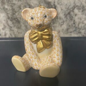 1st Edition Herend Porcelain Teddy Bear Figurine with Gold Bow
